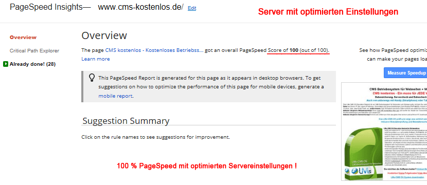 Server mit optimierten Einstellungen - PageSpeed-Messung seitens Google